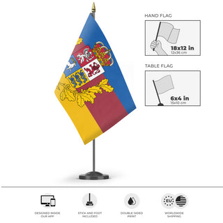 A mockup of the custom flag 'Baltic Federation flag' as a desk flag and small hand waving flag