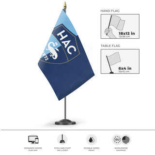 A mockup of the custom flag 'HAC Flag Request' as a desk flag and small hand waving flag