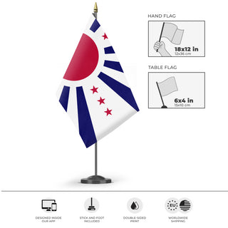 A mockup of the custom flag 'Japanese West Coast flag' as a desk flag and small hand waving flag