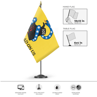 A mockup of the custom flag 'Anti-ICE Gadsden flag' as a desk flag and small hand waving flag