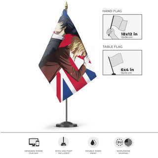 A mockup of the custom flag 'Sherliam flag' as a desk flag and small hand waving flag
