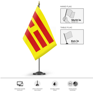 A mockup of the custom flag 'Empire of Vietnam flag' as a desk flag and small hand waving flag