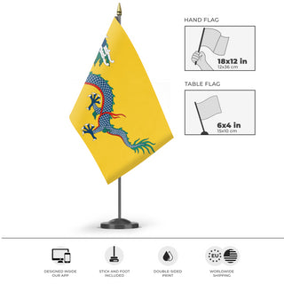 A mockup of the custom flag 'Qing  flag' as a desk flag and small hand waving flag