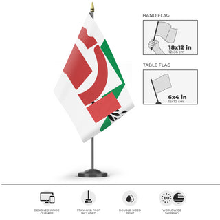 A mockup of the custom flag 'T flag' as a desk flag and small hand waving flag