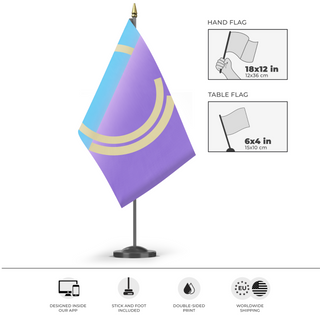 A mockup of the custom flag 'la Regno de Omnijo flag' as a desk flag and small hand waving flag