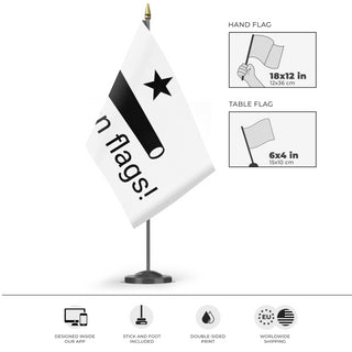 A mockup of the custom flag 'Test 1 flag' as a desk flag and small hand waving flag