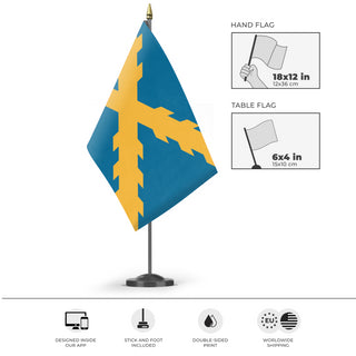 A mockup of the custom flag 'Springistan Battle flag' as a desk flag and small hand waving flag