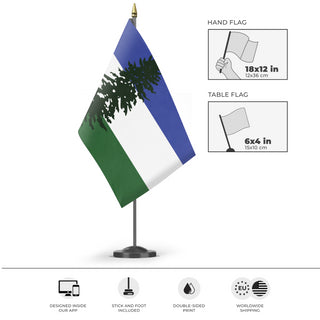 A mockup of the custom flag 'Doug flag' as a desk flag and small hand waving flag