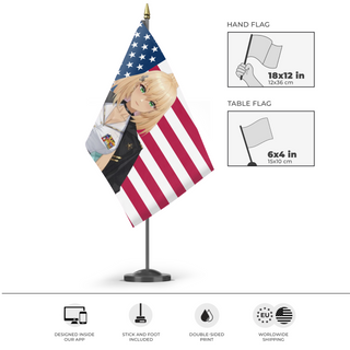 A mockup of the custom flag 'JosieFlags' as a desk flag and small hand waving flag