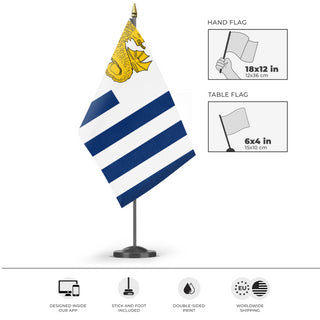 A mockup of the custom flag 'Customs Burea flag' as a desk flag and small hand waving flag