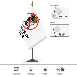 A mockup of the custom flag 'No Kings in America flag' as a desk flag and small hand waving flag