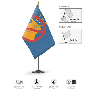 A mockup of the custom flag 'Anti-Trump flag' as a desk flag and small hand waving flag