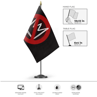 A mockup of the custom flag 'No Kings flag' as a desk flag and small hand waving flag