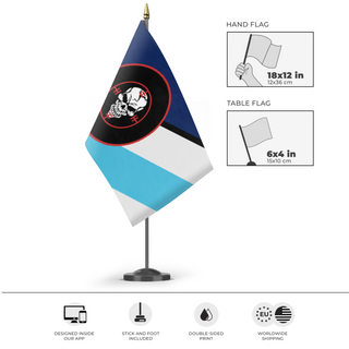A mockup of the custom flag 'Federation of Soldiers' as a desk flag and small hand waving flag