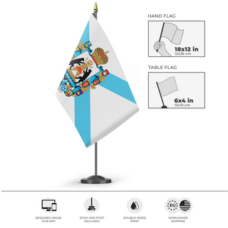 A mockup of the custom flag 'Novgorod Republic flag' as a desk flag and small hand waving flag