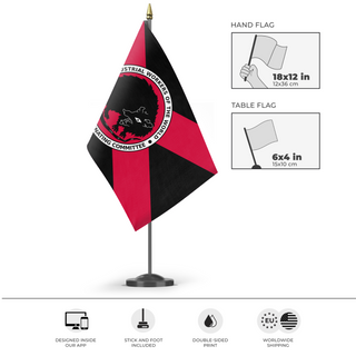 A mockup of the custom flag 'Syndicalist Florida Possum flag' as a desk flag and small hand waving flag