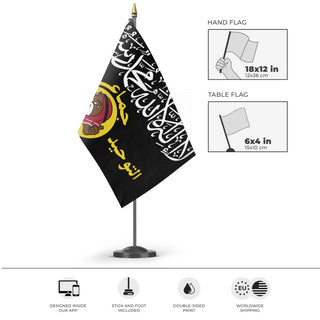 A mockup of the custom flag 'Red Beaver Caliphate flag' as a desk flag and small hand waving flag