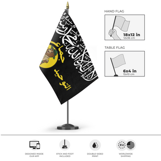 A mockup of the custom flag 'Smokey The Bear Caliphate flag' as a desk flag and small hand waving flag