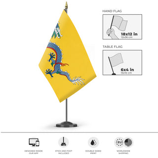 A mockup of the custom flag 'Qing Empire Flag' as a desk flag and small hand waving flag