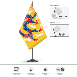 A mockup of the custom flag 'Vertical Qing Dragon Banner flag' as a desk flag and small hand waving flag