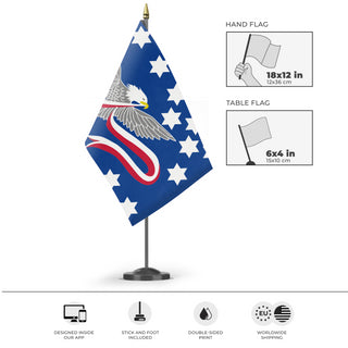 A mockup of the custom flag 'Whiskey Rebellion flag' as a desk flag and small hand waving flag