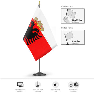 A mockup of the custom flag 'TEST flag' as a desk flag and small hand waving flag