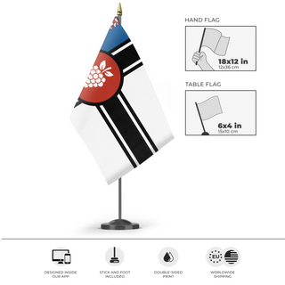 A mockup of the custom flag 'Moravian Imperium flag' as a desk flag and small hand waving flag