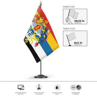 A mockup of the custom flag 'Beiyang Government Coat of ARms flag' as a desk flag and small hand waving flag