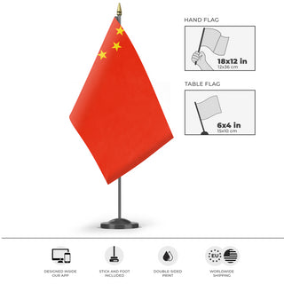 A mockup of the custom flag 'China, People's Republic Of flag' as a desk flag and small hand waving flag