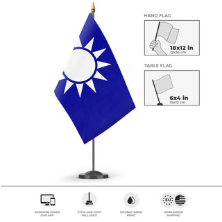 A mockup of the custom flag 'Kuomintang Party flag' as a desk flag and small hand waving flag