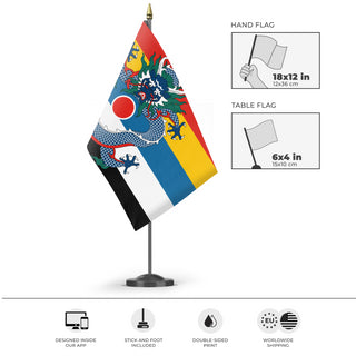 A mockup of the custom flag 'Qing Roundel Five Colors flag' as a desk flag and small hand waving flag