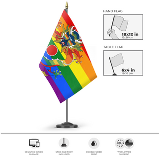 A mockup of the custom flag 'Qing Empire Pride flag' as a desk flag and small hand waving flag