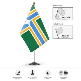 A mockup of the custom flag 'Portland, Oregon flag' as a desk flag and small hand waving flag