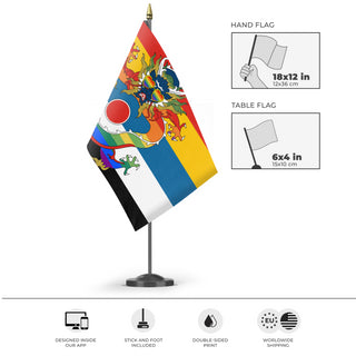 A mockup of the custom flag 'Qing EMpire Beiyang Pride flag' as a desk flag and small hand waving flag