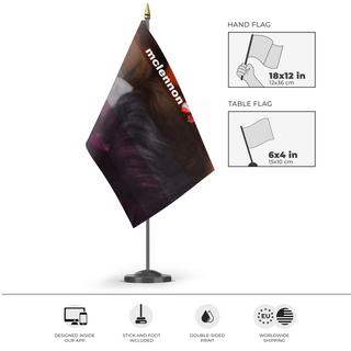 A mockup of the custom flag 'mclennon flag' as a desk flag and small hand waving flag