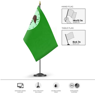 A mockup of the custom flag 'SAD flag' as a desk flag and small hand waving flag