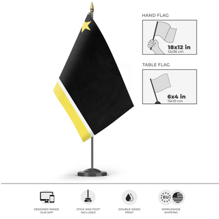 A mockup of the custom flag 'Republic of Trussea flag' as a desk flag and small hand waving flag