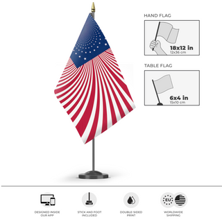 A mockup of the custom flag 'hyperamerica flag' as a desk flag and small hand waving flag