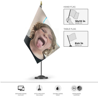 A mockup of the custom flag 'lalalas flag' as a desk flag and small hand waving flag