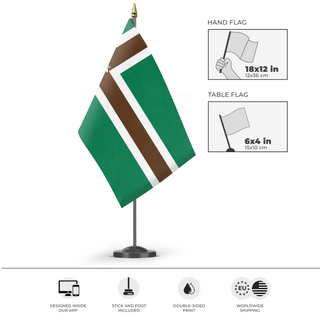 A mockup of the custom flag 'Anxious & Kevin flag' as a desk flag and small hand waving flag