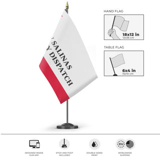 A mockup of the custom flag 'New Salinas flag' as a desk flag and small hand waving flag
