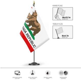 A mockup of the custom flag 'Accurate New California Republic Flag' as a desk flag and small hand waving flag