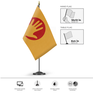 A mockup of the custom flag 'Humanity' as a desk flag and small hand waving flag