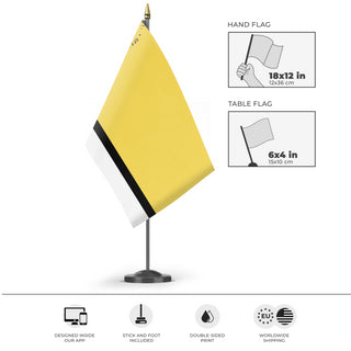 A mockup of the custom flag 'Trussean Presidential Flag' as a desk flag and small hand waving flag