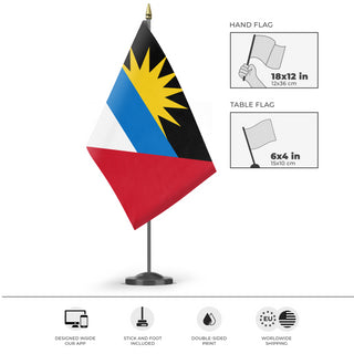 A mockup of the custom flag 't2 flag' as a desk flag and small hand waving flag