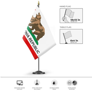 A mockup of the custom flag 'Accurate New California Republic flag' as a desk flag and small hand waving flag