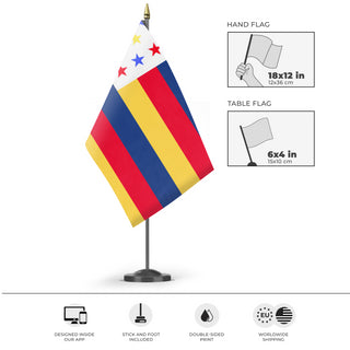 A mockup of the custom flag 'Dinoland flag' as a desk flag and small hand waving flag