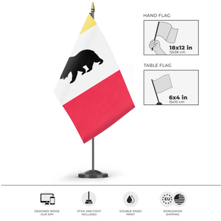 A mockup of the custom flag 'Pacifica Sideways flag' as a desk flag and small hand waving flag