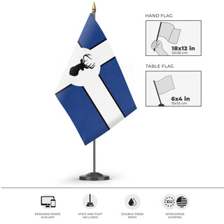 A mockup of the custom flag 'Keplarland flag' as a desk flag and small hand waving flag