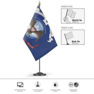 A mockup of the custom flag '1st Minnesota Volunteer Infantry Regiment flag' as a desk flag and small hand waving flag